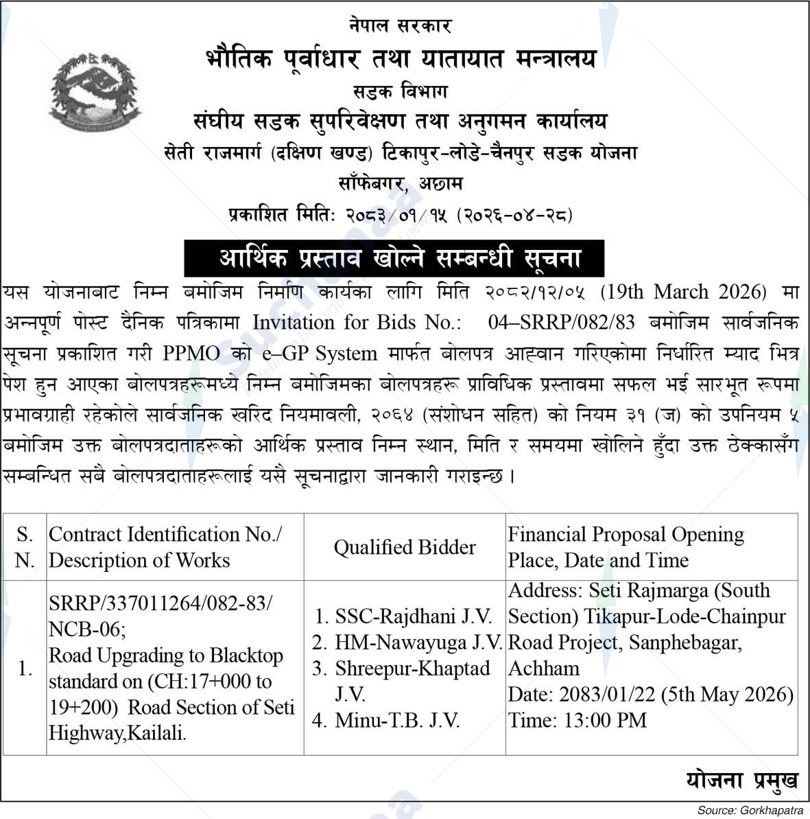 Seti Highway (Southern Section) Tikapur-Lode-Chainpur Road Project, Achham