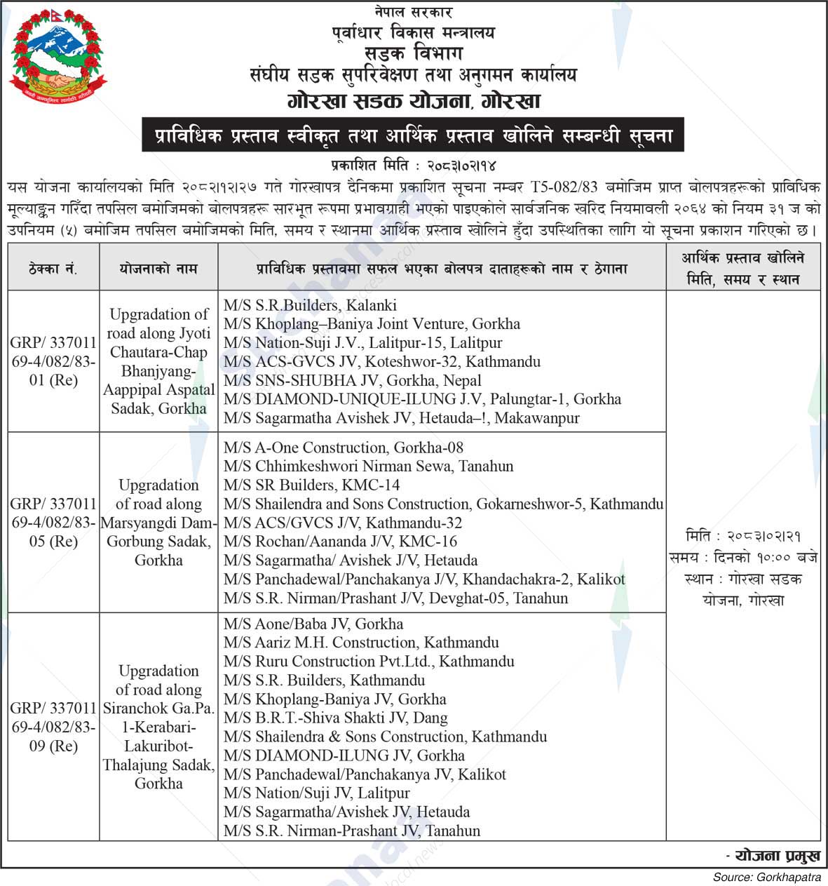 Gorkha Road Project, Gorkha