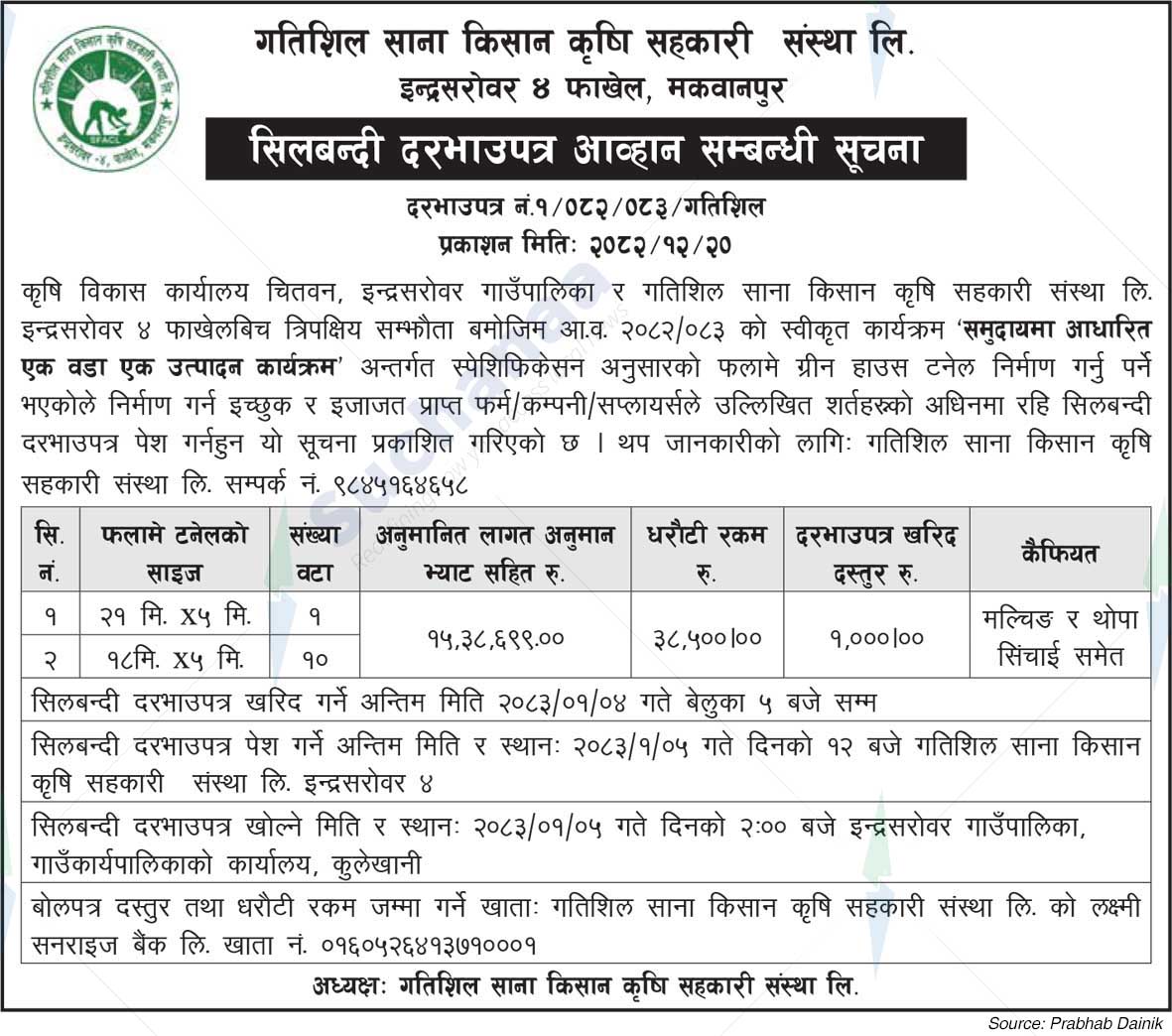 Gatishil Sana Kisan Kirshi Sahakari Sanstha Ltd., Makawanpur