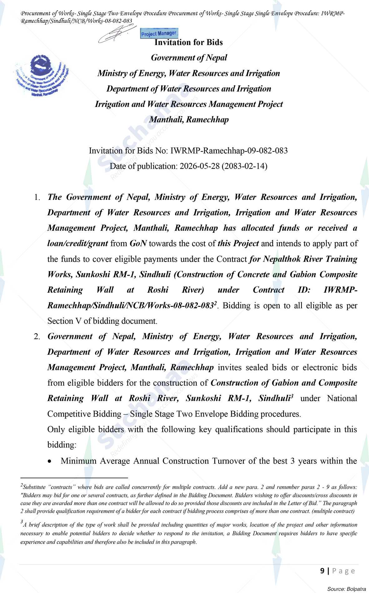Irrigation and Water Resources Management Project, Manathali, Ramechhap