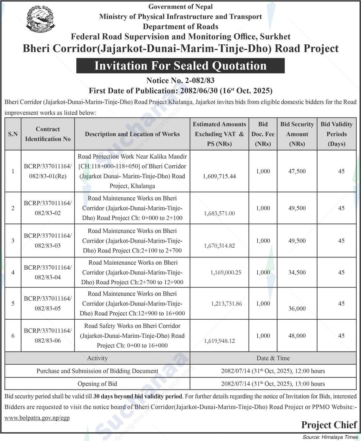 Bheri Corridor (Jajarkot-Dunai-Marim-Tinje-Dho) Road Project