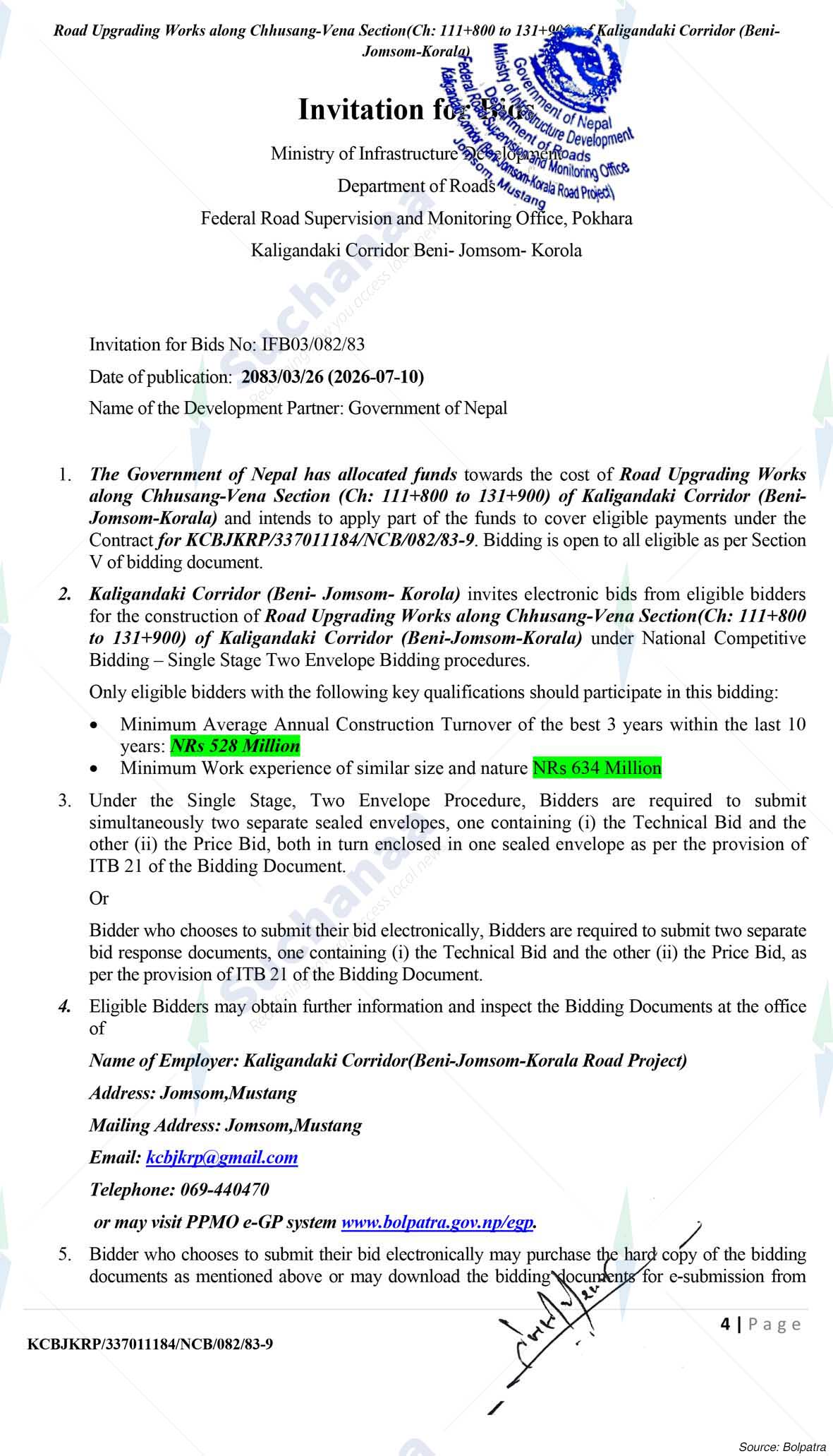 kaligandaki Corridor (Beni-Jomsom-Korola ) Road Project