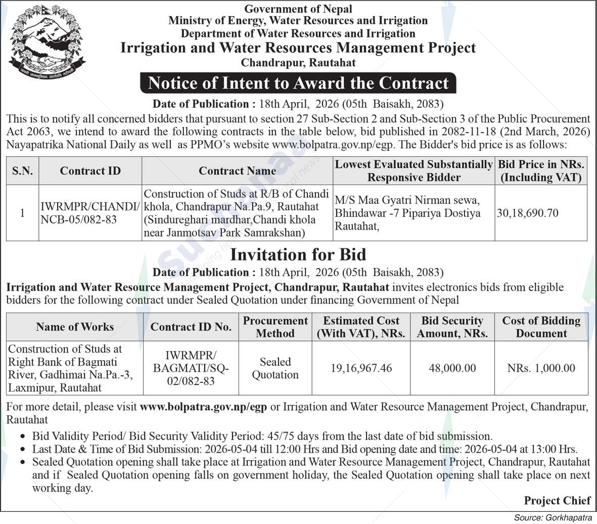 Irrigation and Water Resources Management Project, Chandrapur, Rautahat