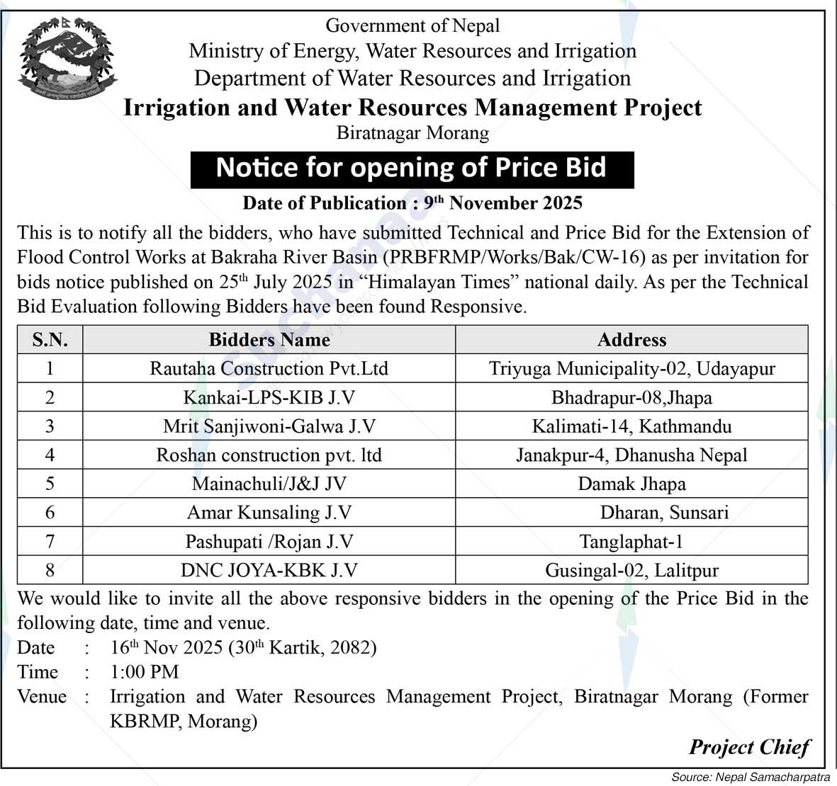 Irrigation and Water Resources Management Project, Biratnagar Morang