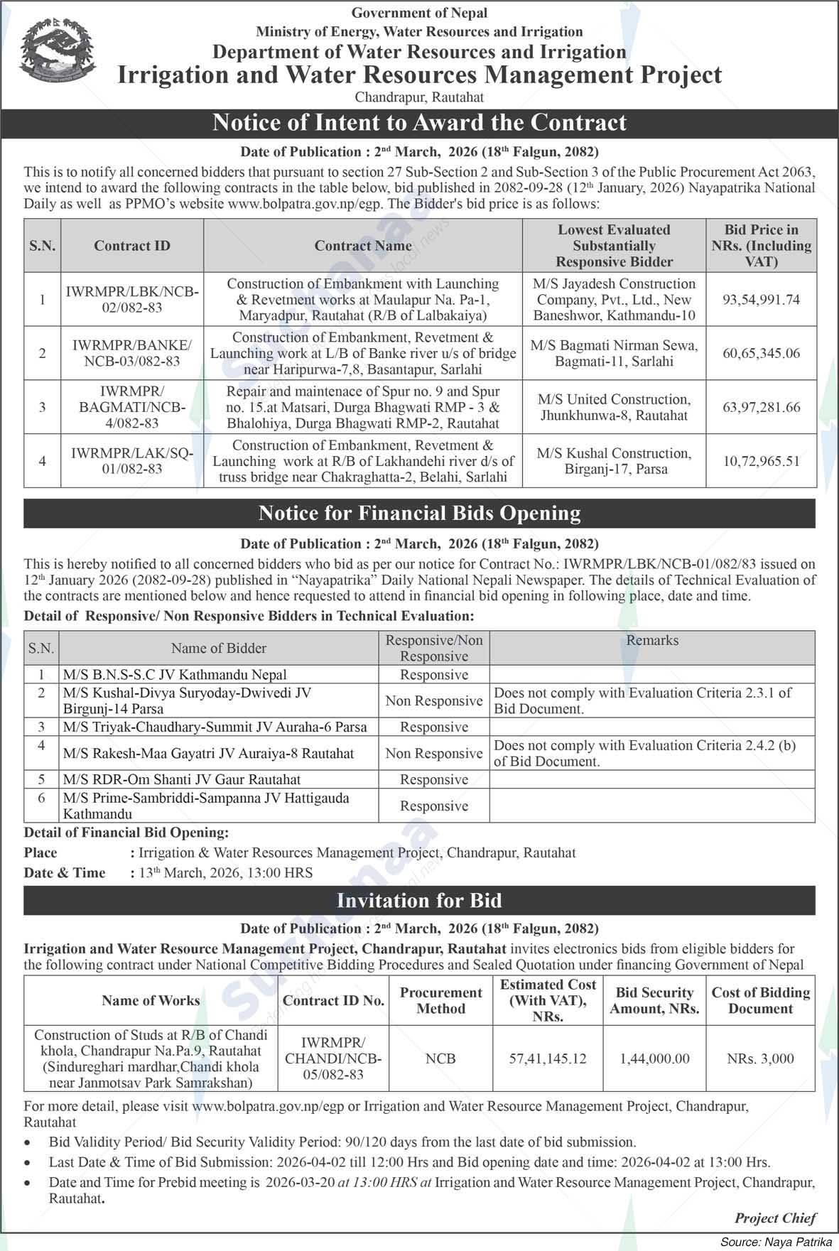 Irrigation and Water Resources Management Project, Chandrapur, Rautahat