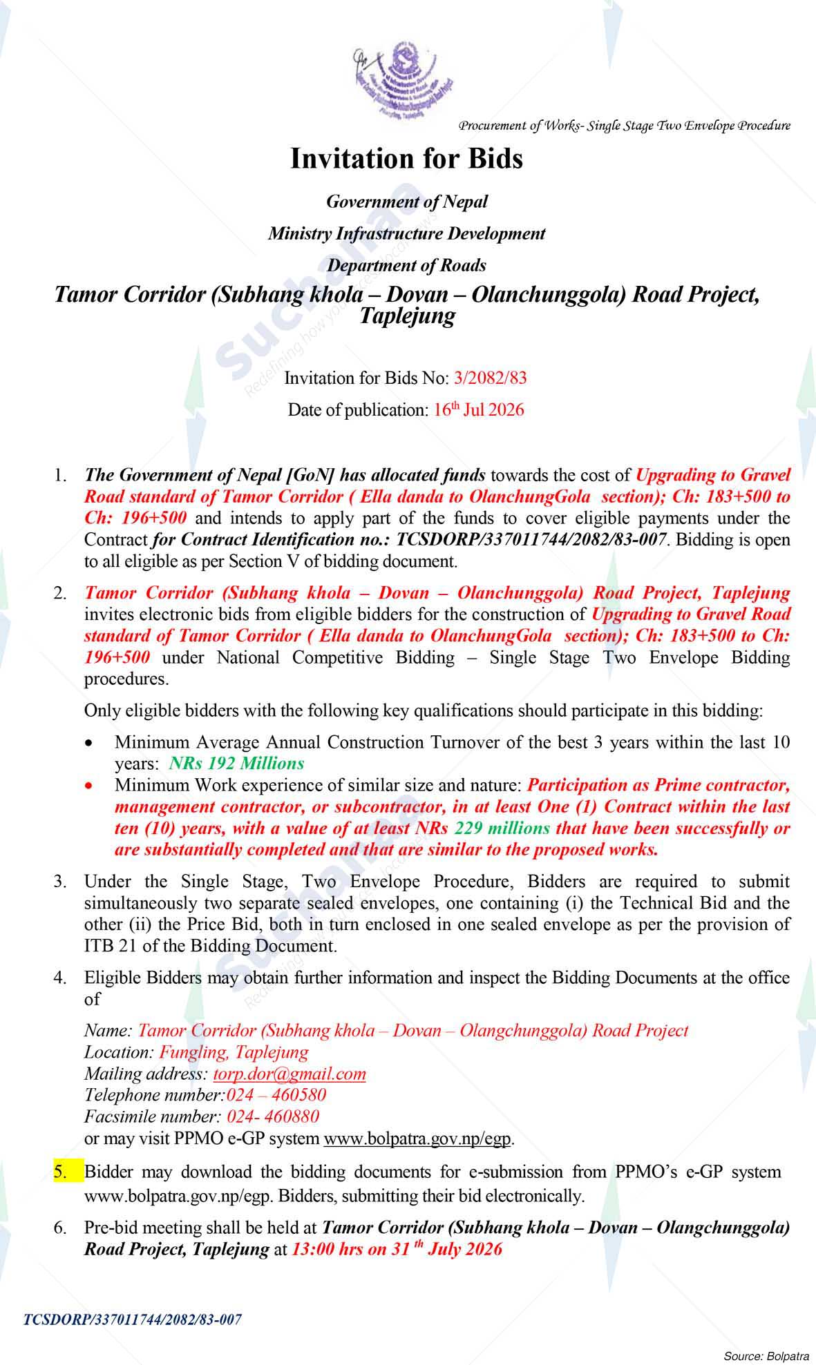 Tamor Corridor (Subhangkhola-Dobhan-olangchunggola) Road Project