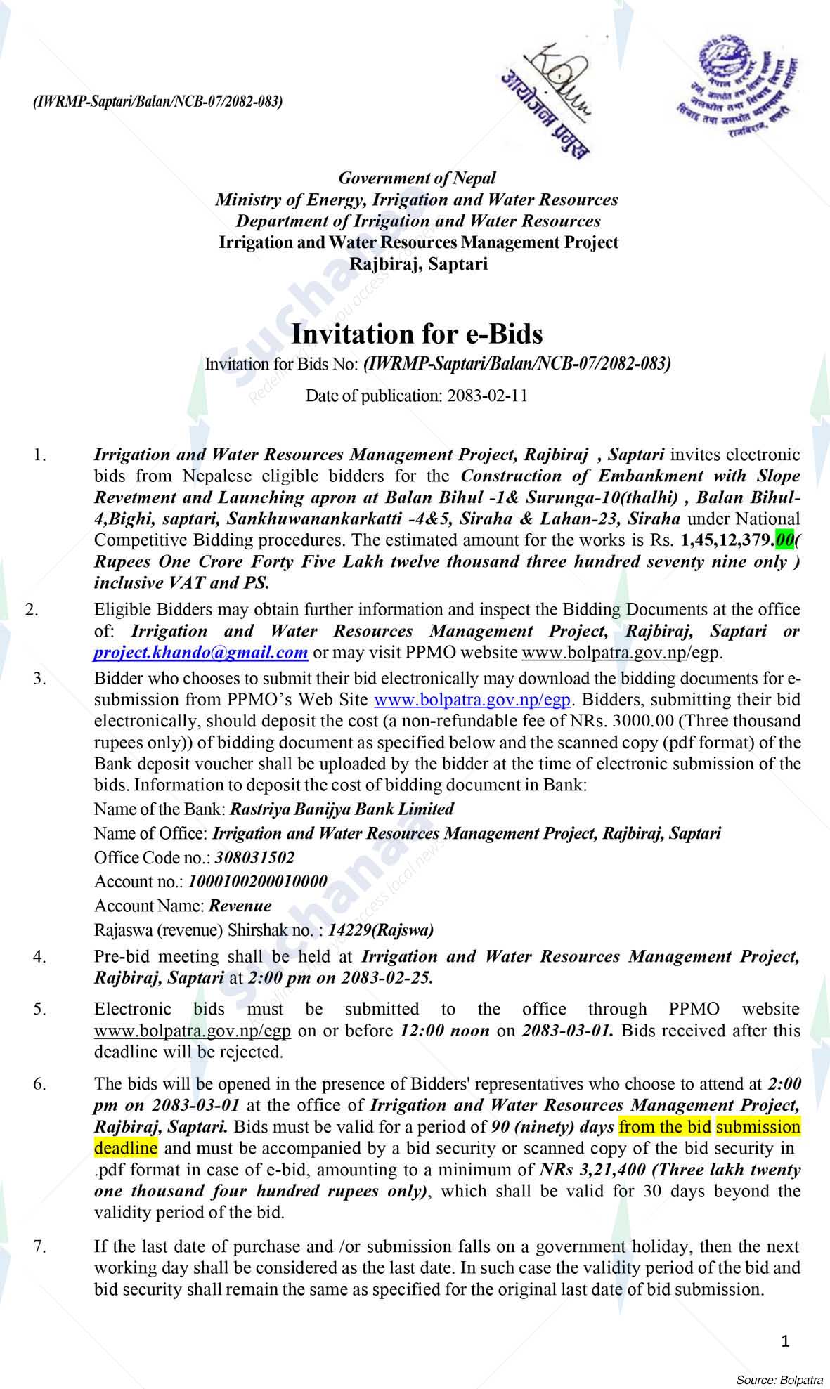 Irrigation and Water Resources Management Project, Saptari