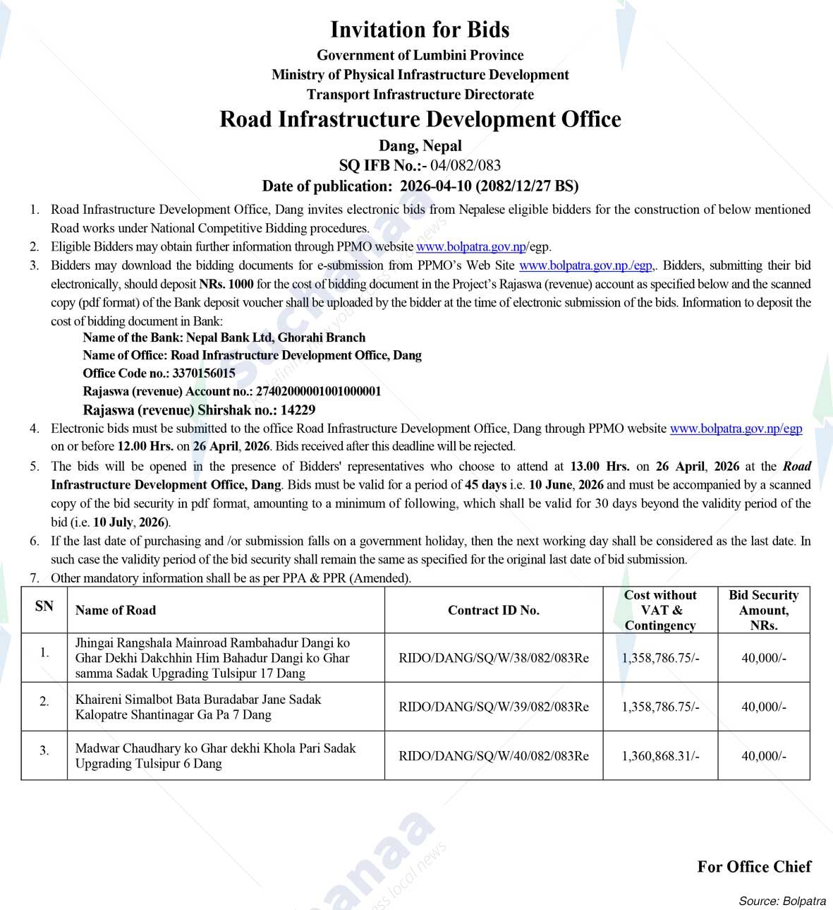 Road Infrastructure Development Office, Dang