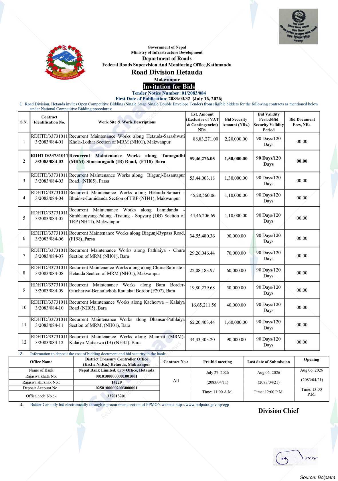 Road Division, Hetauda