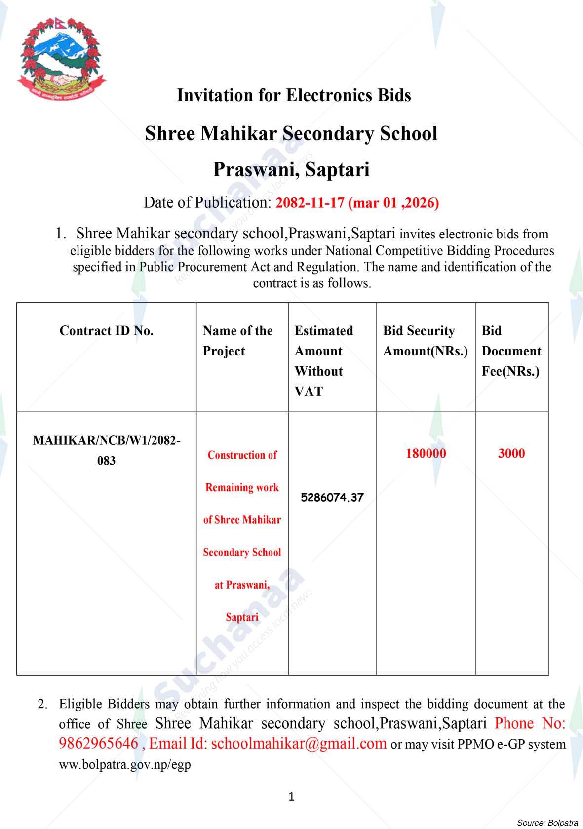 Shree Mahikar Ma.Vi. Prasabani, Saptari
