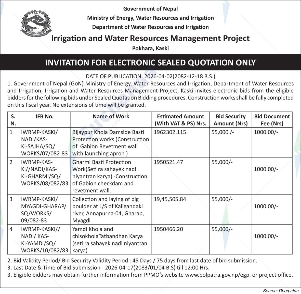 Irrigation and Water Resources Management Project, Kaski