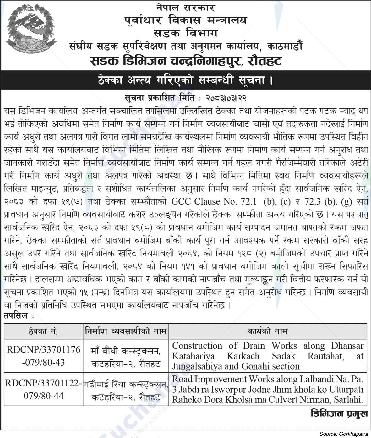 Road Division, Rautahat