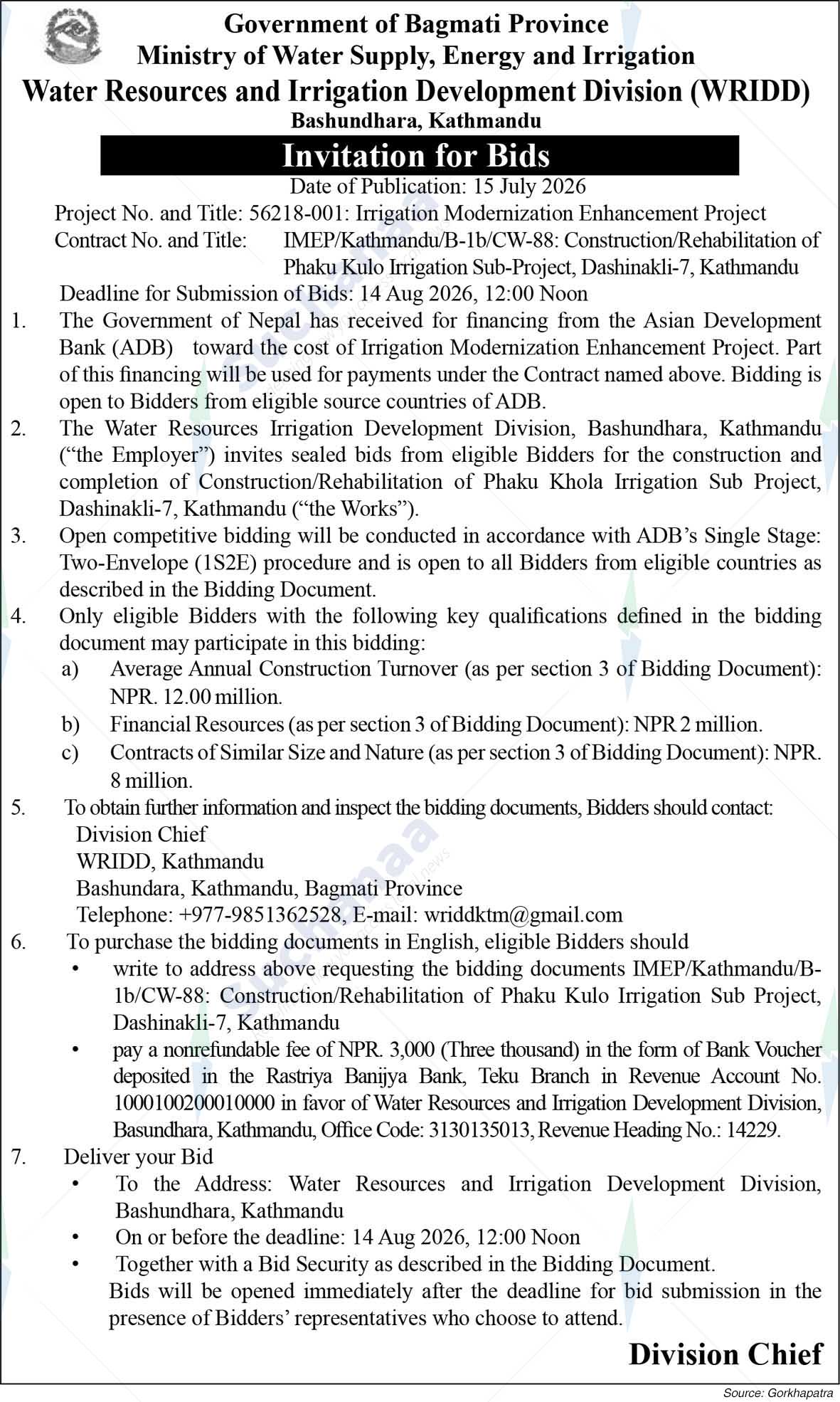 Water Resources and Irrigation Development Division (WRIDD), Kathmandu