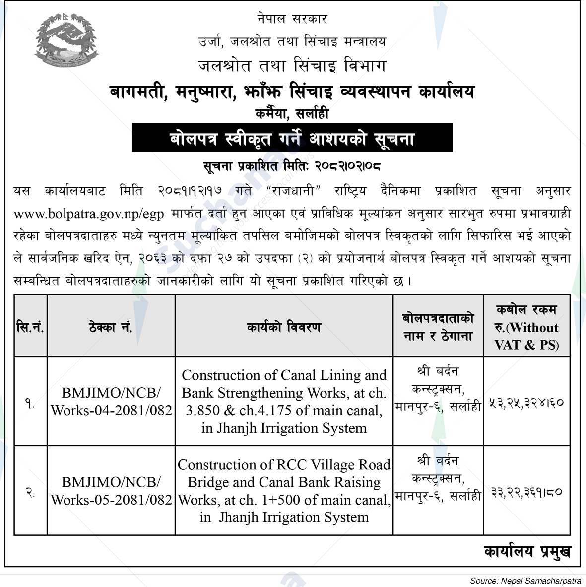 Bagmati, Manushmara, Jhanj Irrigation Management Office, Karmaiya, Sarlahi