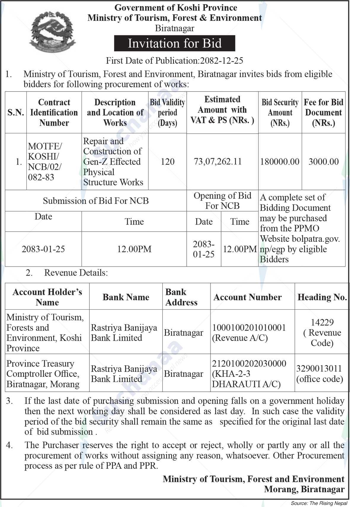 Ministry of Tourism, Forests and Environment, Koshi