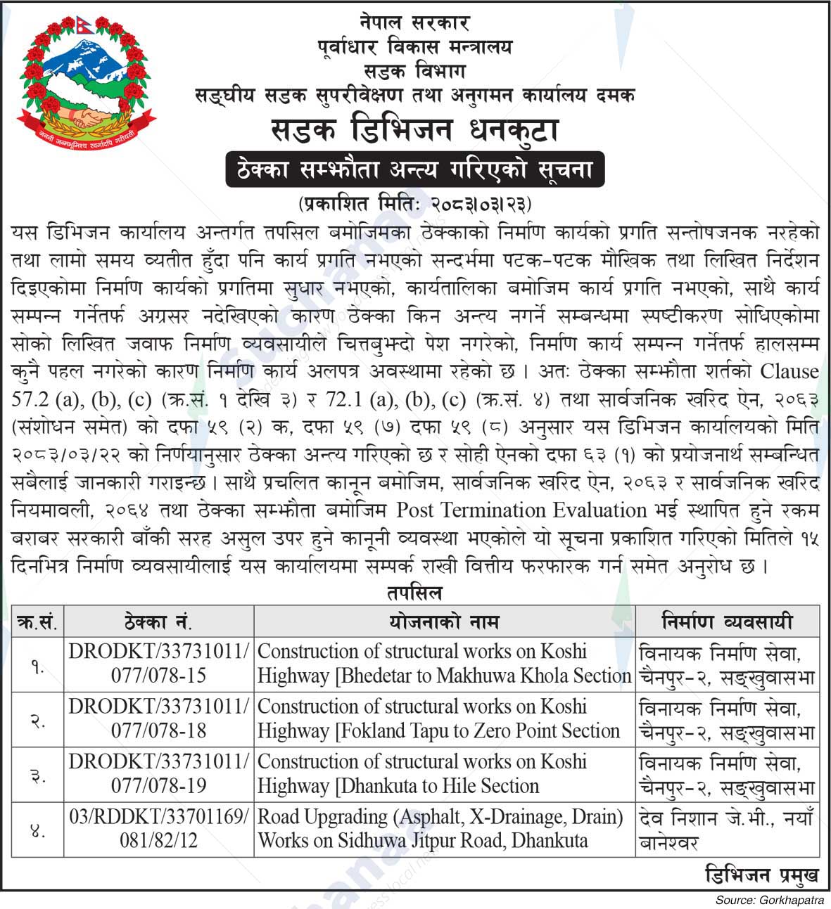 Road Division, Dhankuta