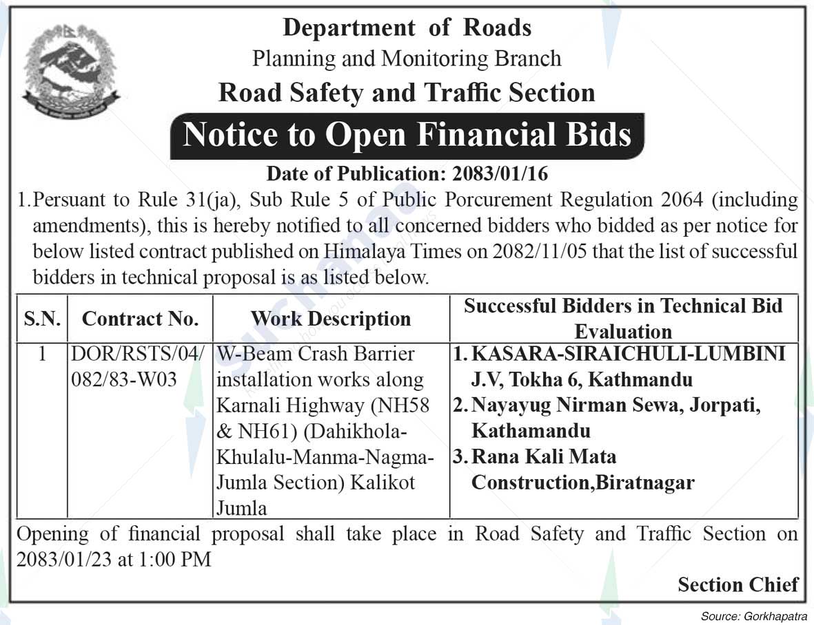 Department of Roads, Road Safety and Traffic Unit (TSTU)