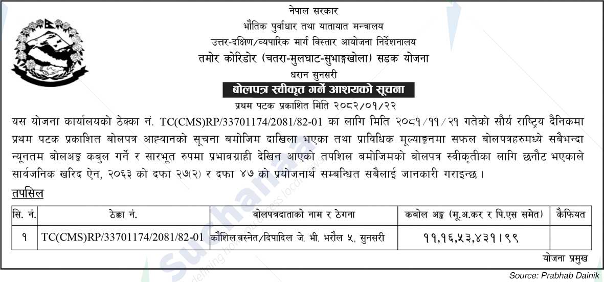 Tamor Corridor (Chatra-Mulghat-Subhangkhola) Road Project
