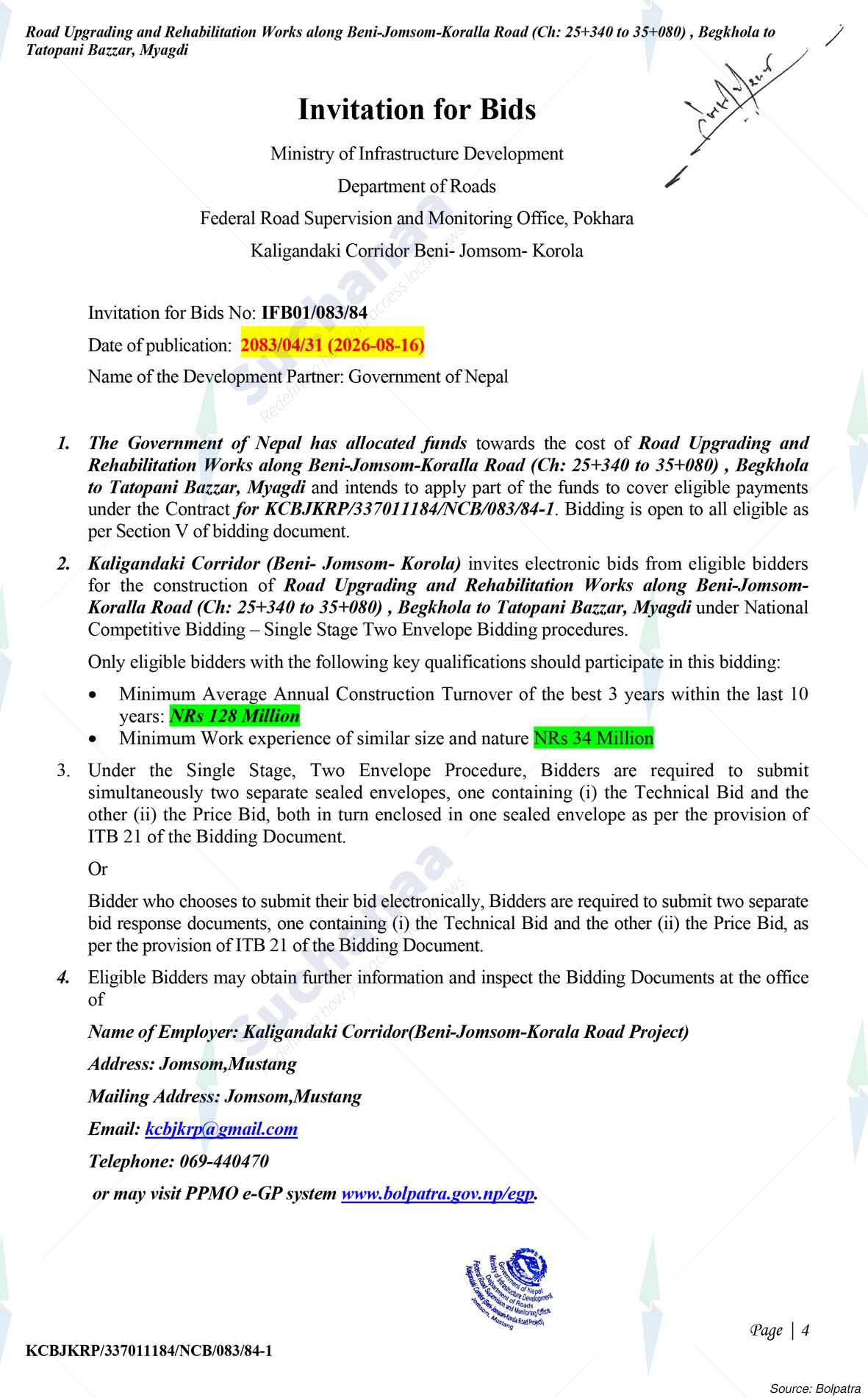 kaligandaki Corridor (Beni-Jomsom-Korola ) Road Project