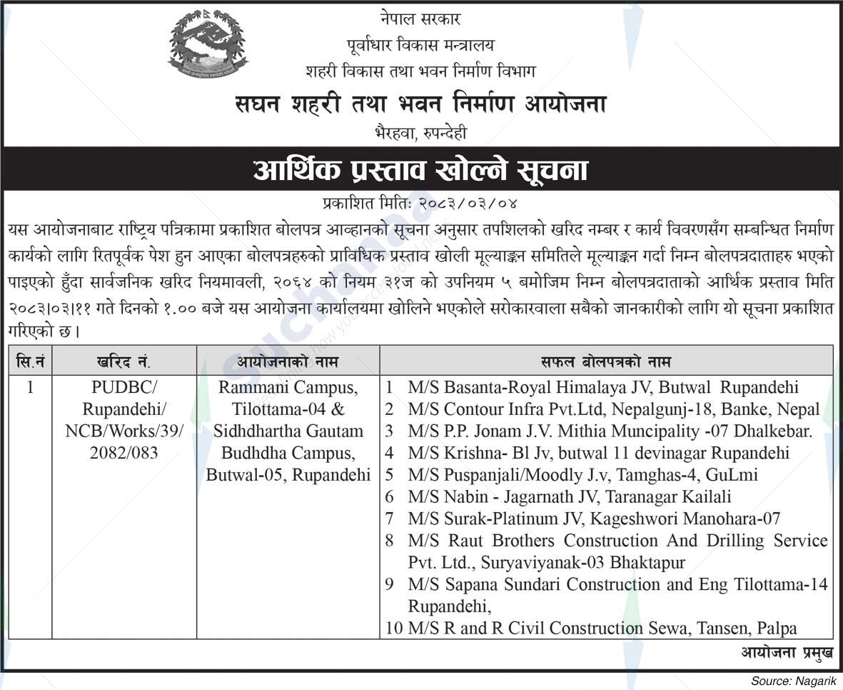 Project Urban Development and Building Construction, Rupandehi