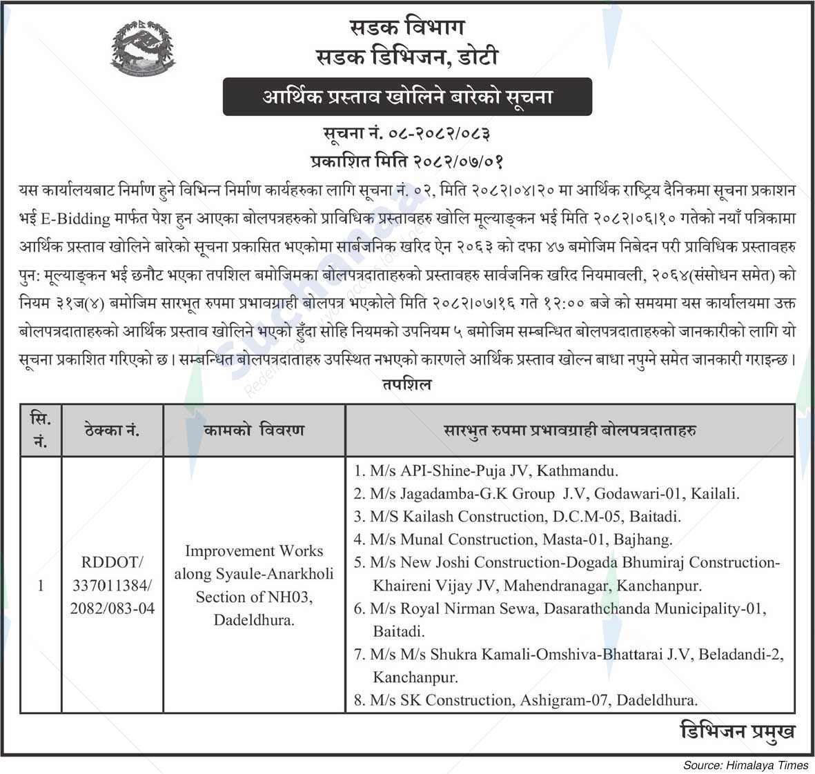 Road Division, Doti