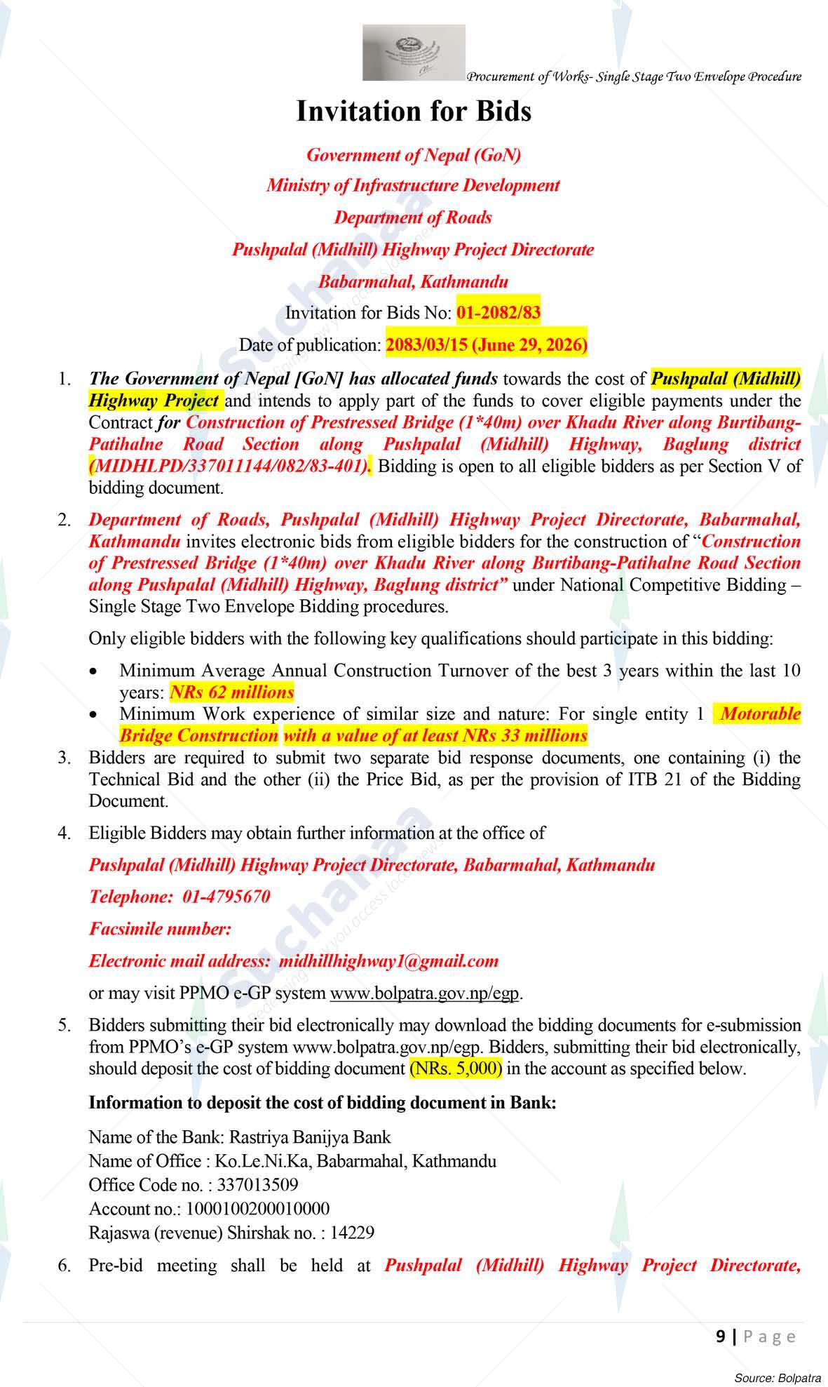 Department of Roads, Pushpalal (Midhill) Highway Project Directorate