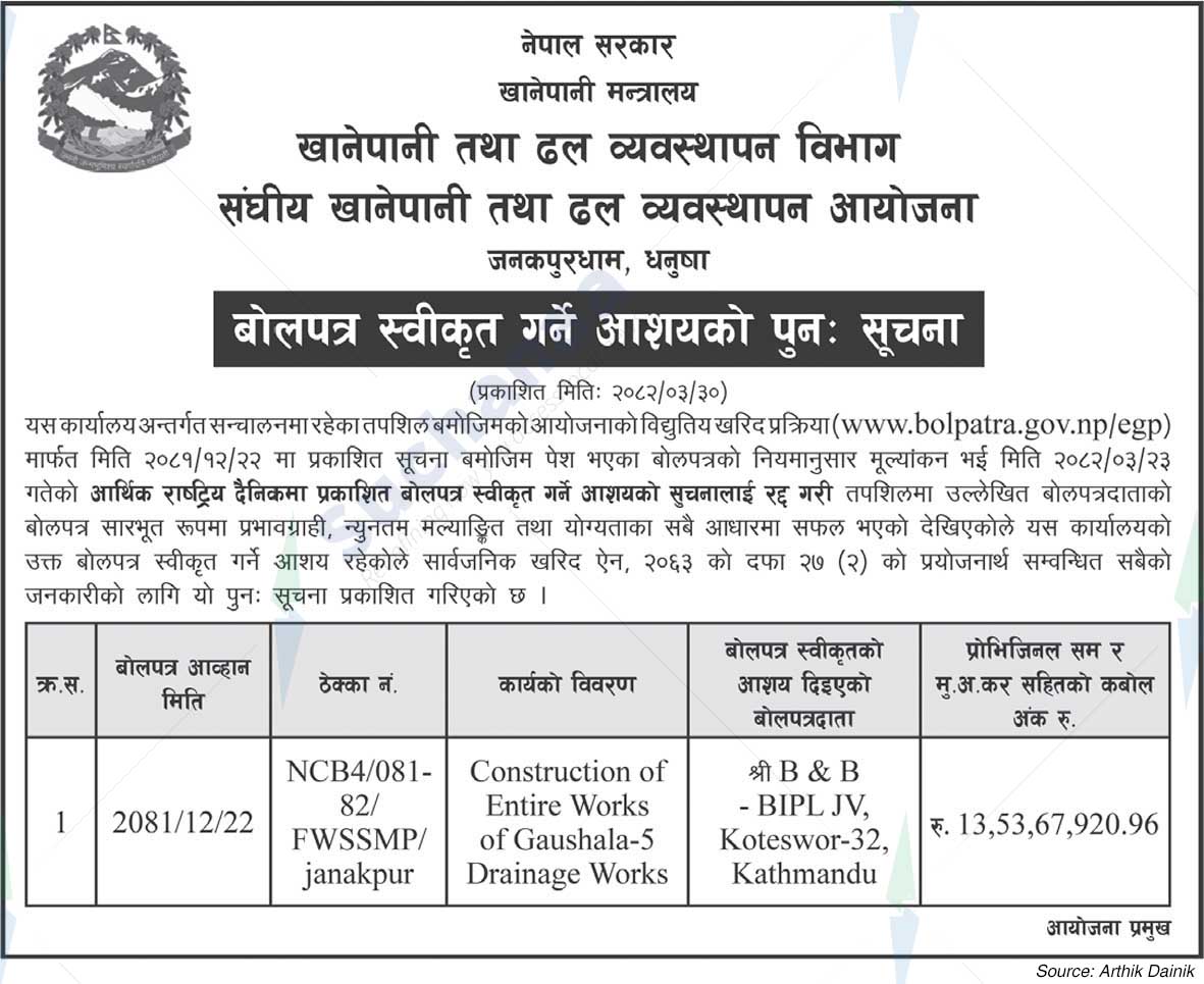 Federal Water Supply and Sewerage Management Project, Janakpurdham, Dhanusha