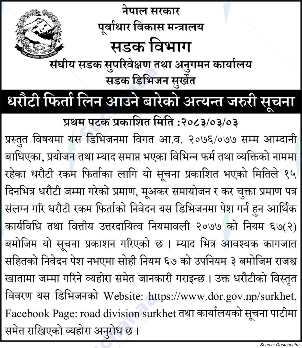 Road Division, Surkhet