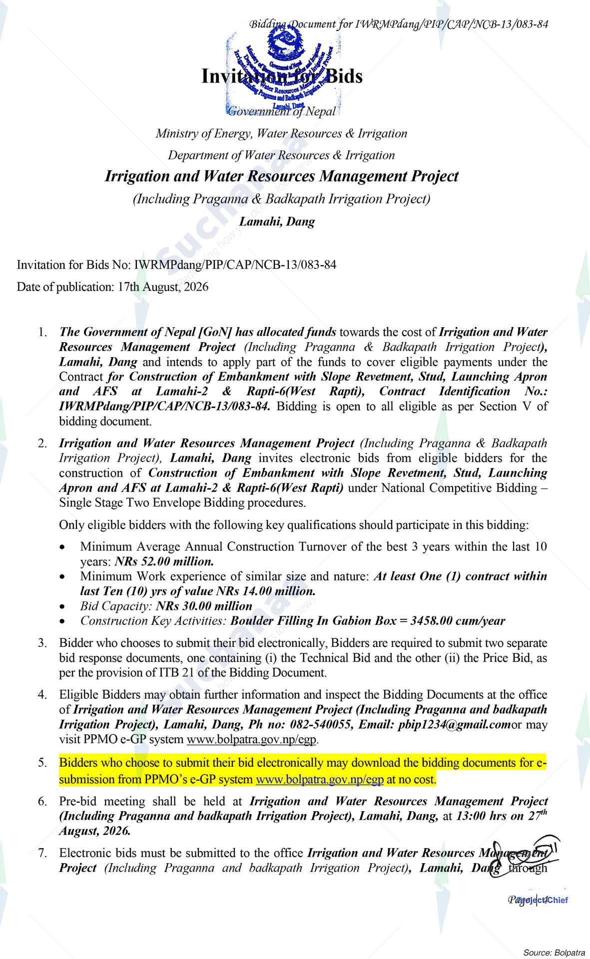 Irrigation and Water Resources Management Project (IWRMP), Lamahi Dang