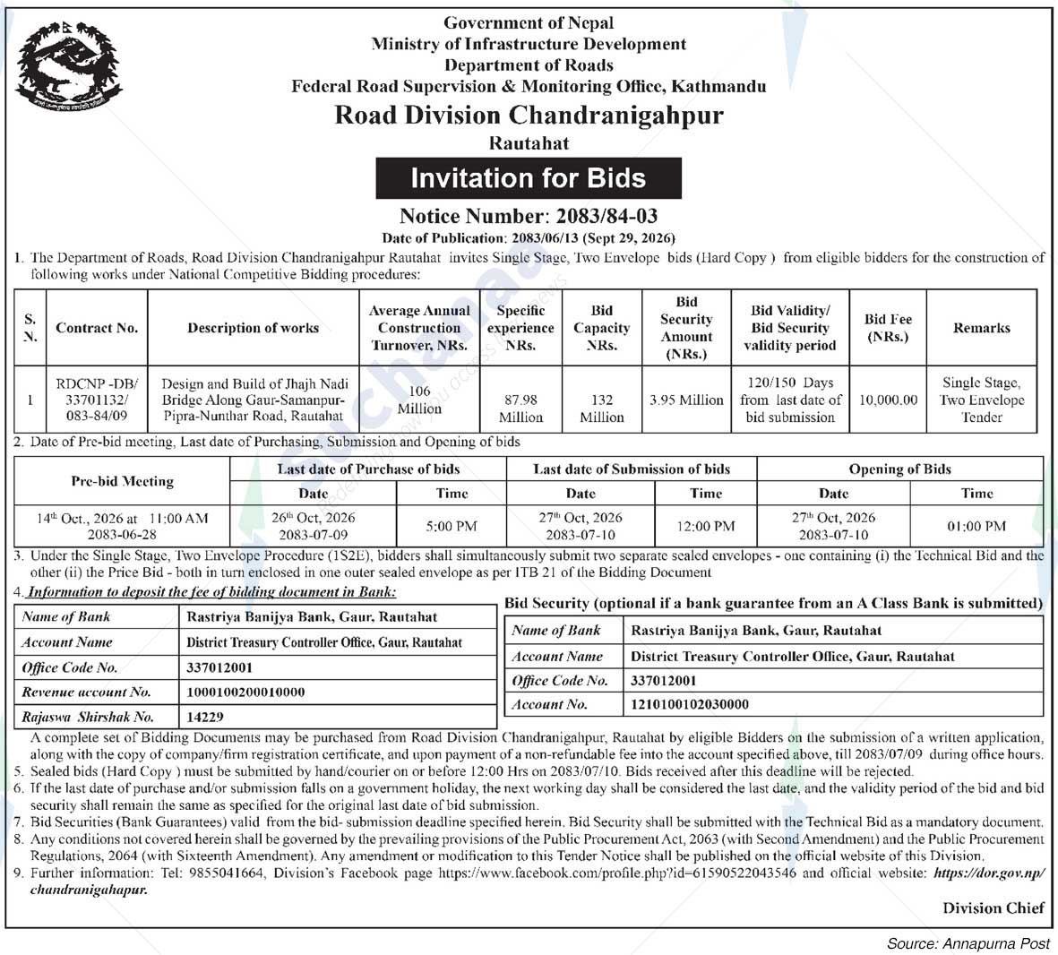 Road Division, Chandranigahpur