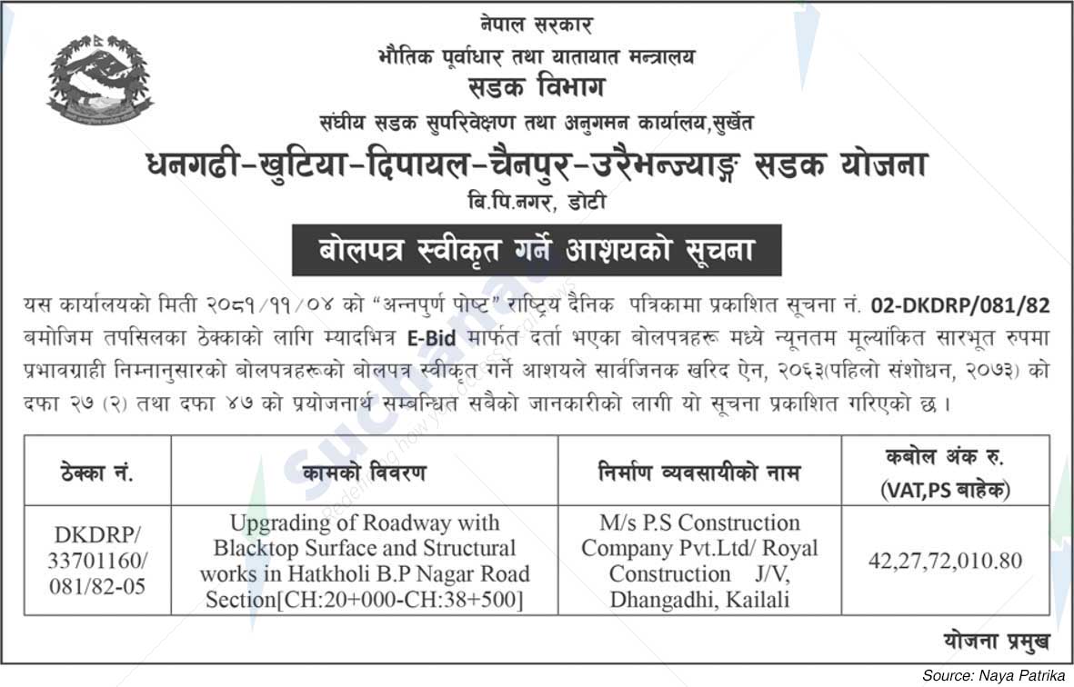 Dhangadhi-Khutia-Dipayal-Chainpur-Uraibhanjyang Road Plan